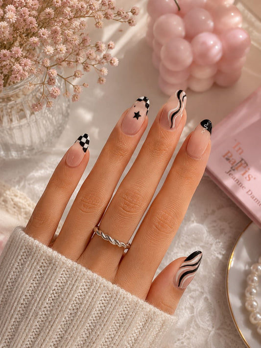 Monochrome Swirl & Checkerboard French Almond Press-On Nails | Reusable Minimalist Gel Nails | Fluture Luxury Collection