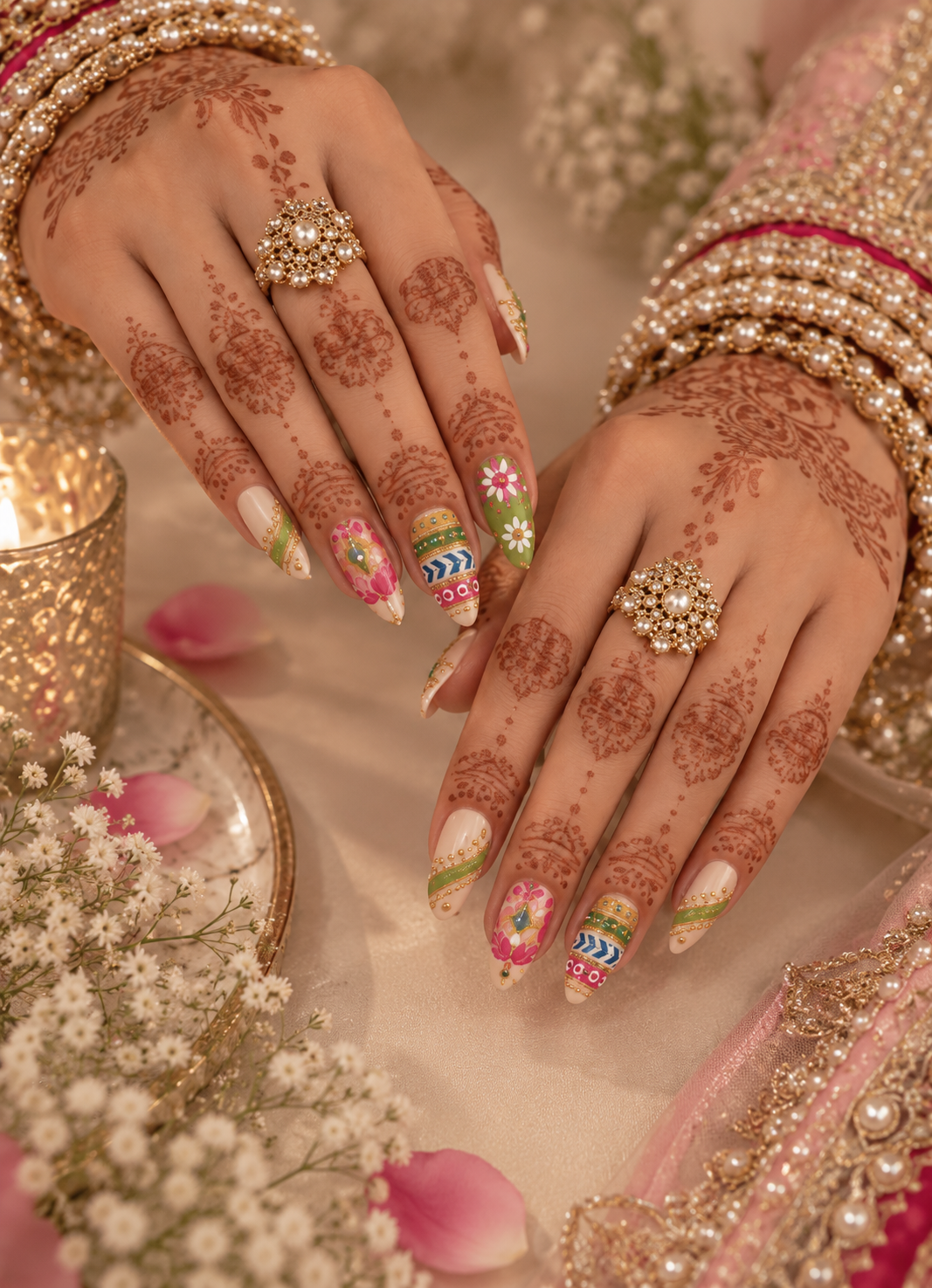 Bridal Meenakari Folk Almond Press-On Nails | Reusable Wedding Gel Nails | Fluture Bridal Collection