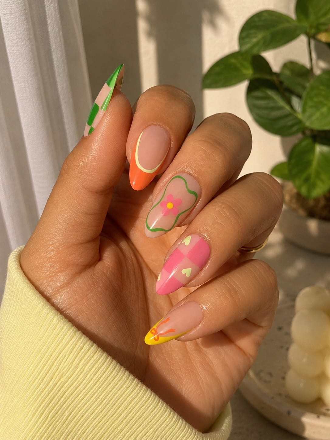 Dopamine Retro Mix, French Tip & Floral Almond Press-On Nails | Reusable Colorful Funky Gel Nails | Fluture Luxury Collection