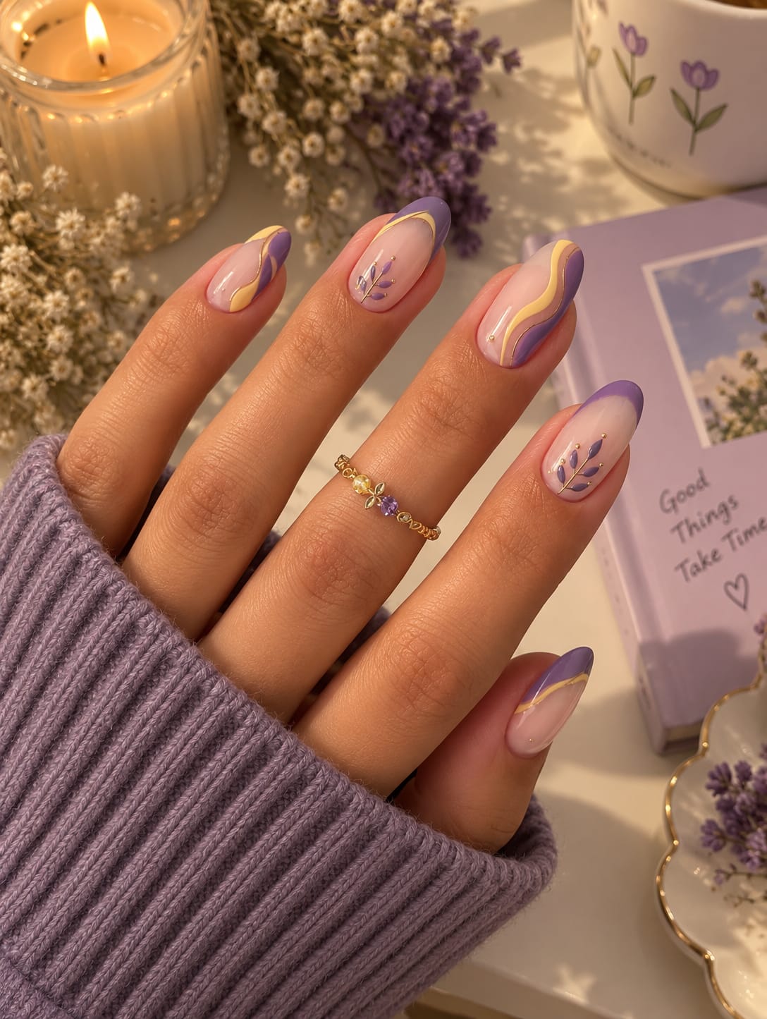 Lavender Sprig, Butter Yellow Swirl & French Almond Press-On Nails | Reusable Pastel Floral Gel Nails | Fluture Luxury Collection