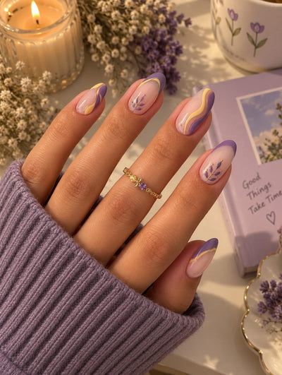Lavender Sprig, Butter Yellow Swirl & French Almond Press-On Nails | Reusable Pastel Floral Gel Nails | Fluture Luxury Collection