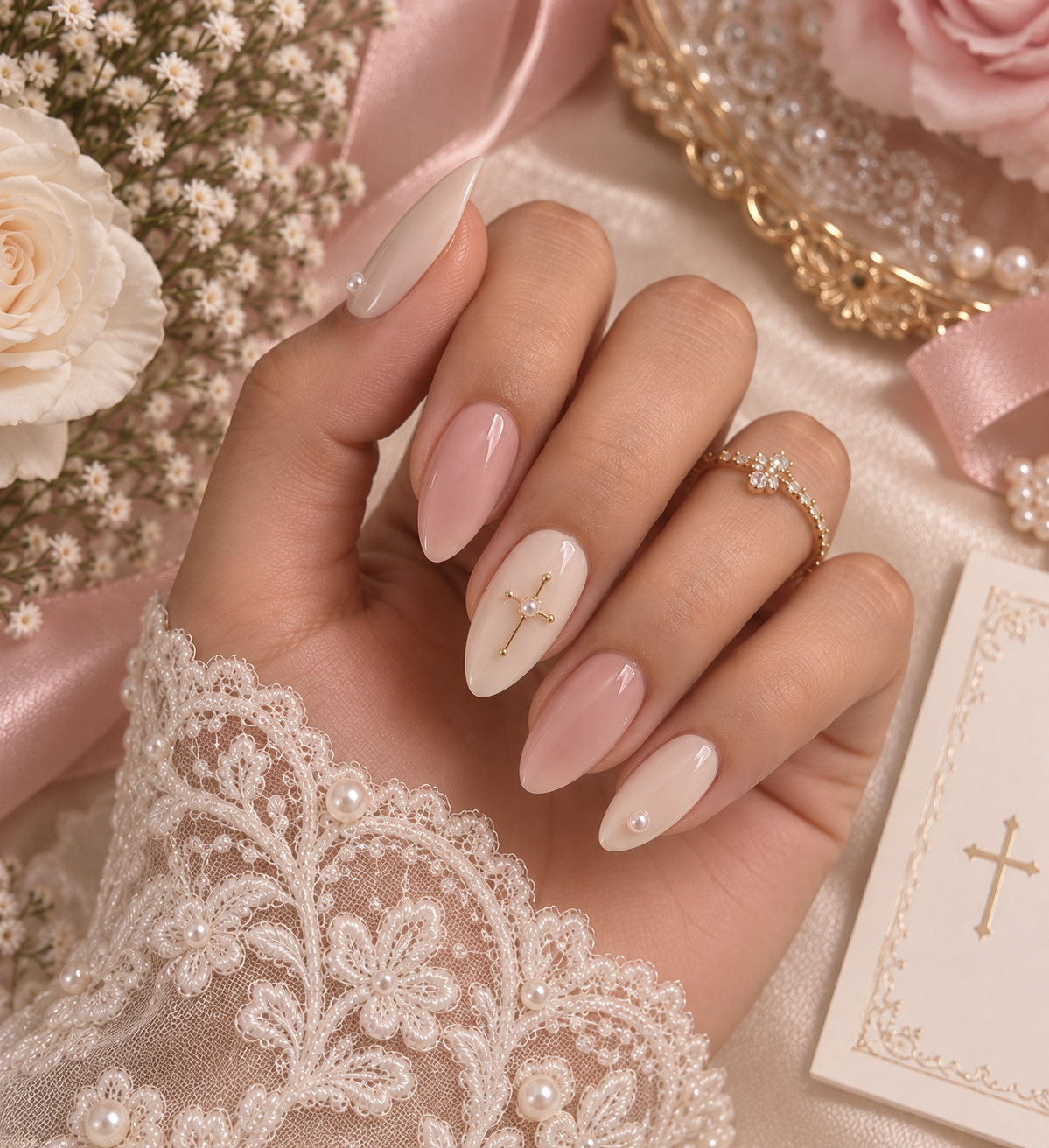 Bridal Pearl Cross & Blush Almond Press-On Nails | Reusable Wedding Gel Nails | Fluture Bridal Collection
