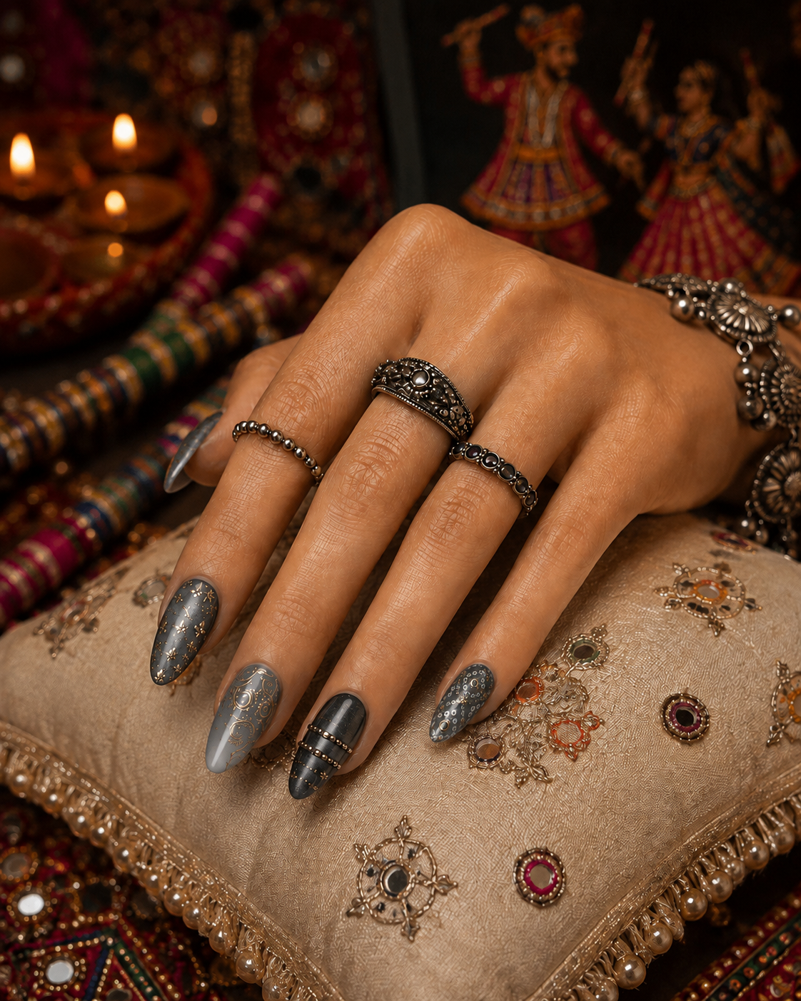Charcoal Slate & Antique Gold Bandhani Filigree Almond Press-On Nails | Navratri Special | Flutur