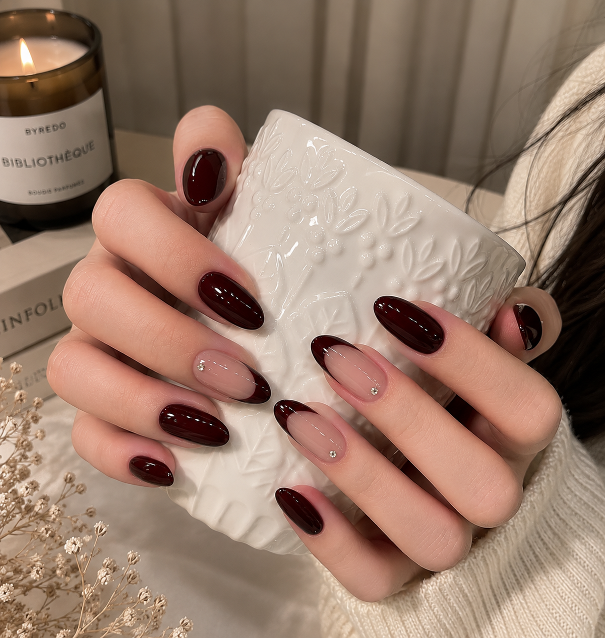 Deep Black Cherry French & Rhinestone Accent Almond Press-On Nails | Reusable Quiet Luxury Autumn Winter Gel Nails | Fluture Luxury Collection