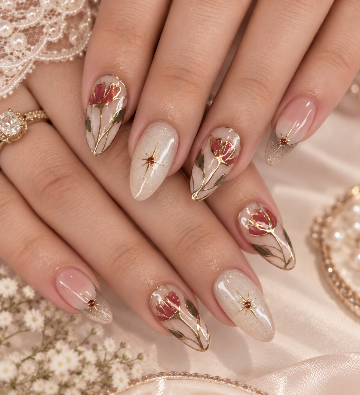 Bridal Stained Glass Tulip Almond Press-On Nails | Reusable Wedding Gel Nails | Fluture Bridal Collection