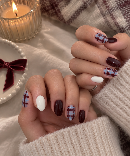 Burgundy Wine & Slate Blue Tartan Plaid Almond Press-On Nails | Reusable Cozy Autumn Winter Gel Nails | Fluture Luxury Collection