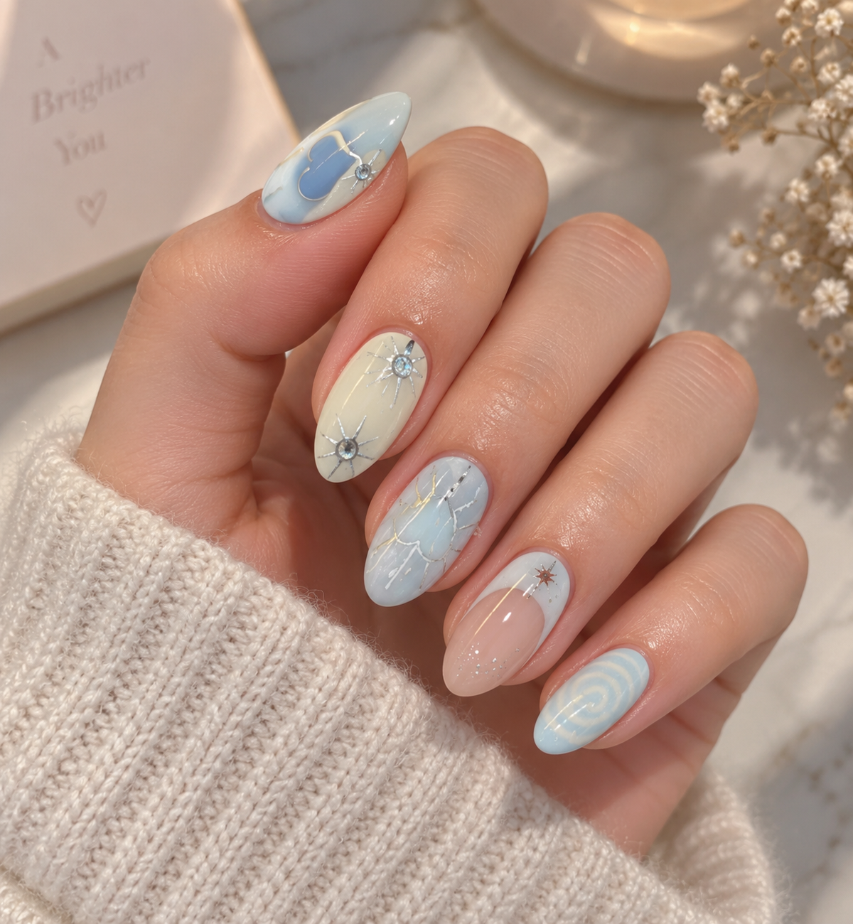 Pastel Blue Celestial, Heart Cloud & Swirl Almond Press-On Nails | Reusable Dreamy Gel Nails | Fluture Luxury Collection