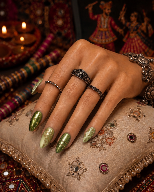 Royal Olive Lime & Gold Bandhani Filigree Almond Press-On Nails | Navratri Special | Fluture