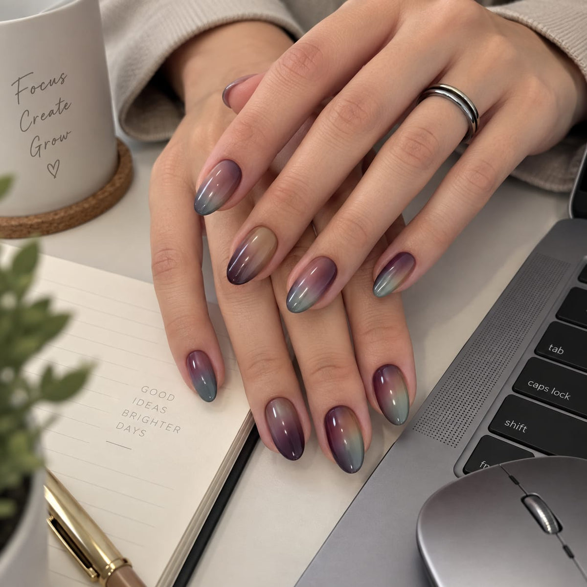 Smoky Aura Ombré Almond Press-On Nails | Reusable Everyday Gel Nails | Fluture Studio Collection