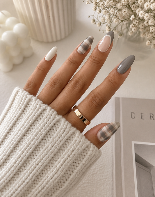 Slate Grey Plaid & White Outline French Almond Press-On Nails | Reusable Minimalist Cozy Gel Nails | Fluture Luxury Collection