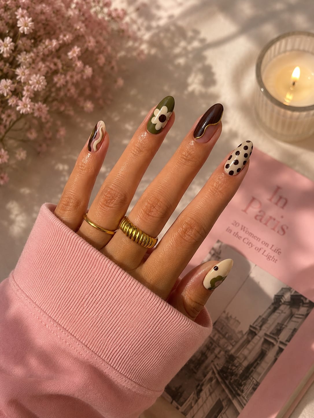Olive Floral, Espresso Wave & Retro Dot Almond Press-On Nails | Reusable 70s Modern Gel Nails | Fluture Luxury Collection
