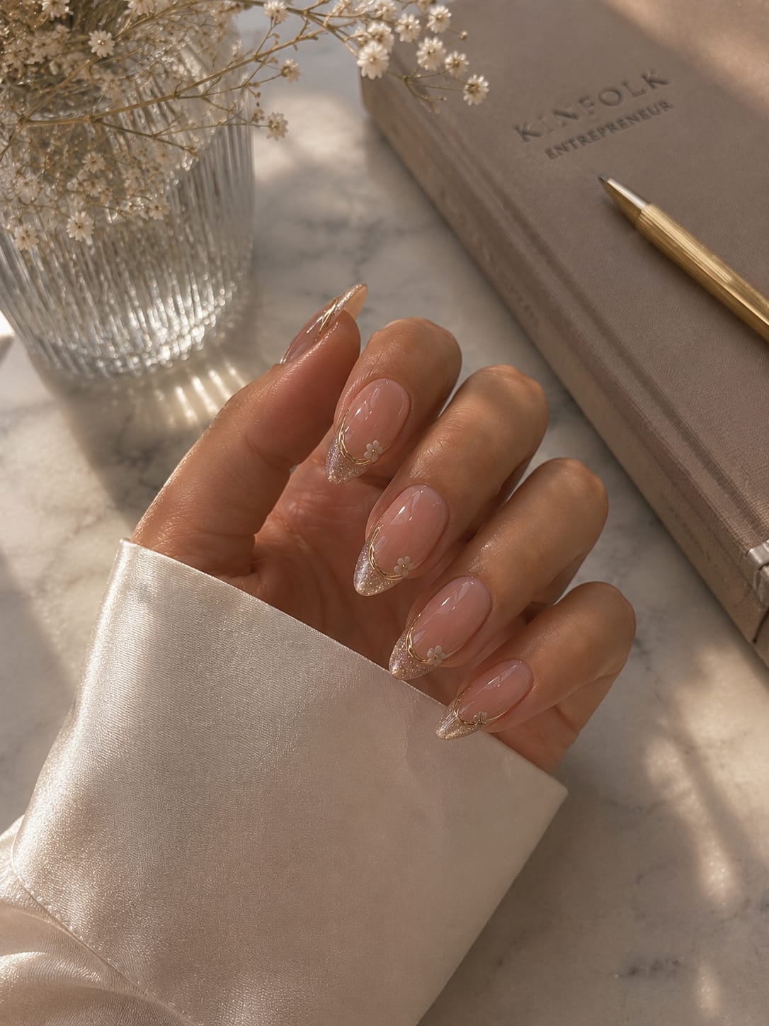 Champagne Glitter French & Delicate Gold Floral Almond Press-On Nails | Reusable Minimalist Bridal Gel Nails | Fluture Luxury Collection