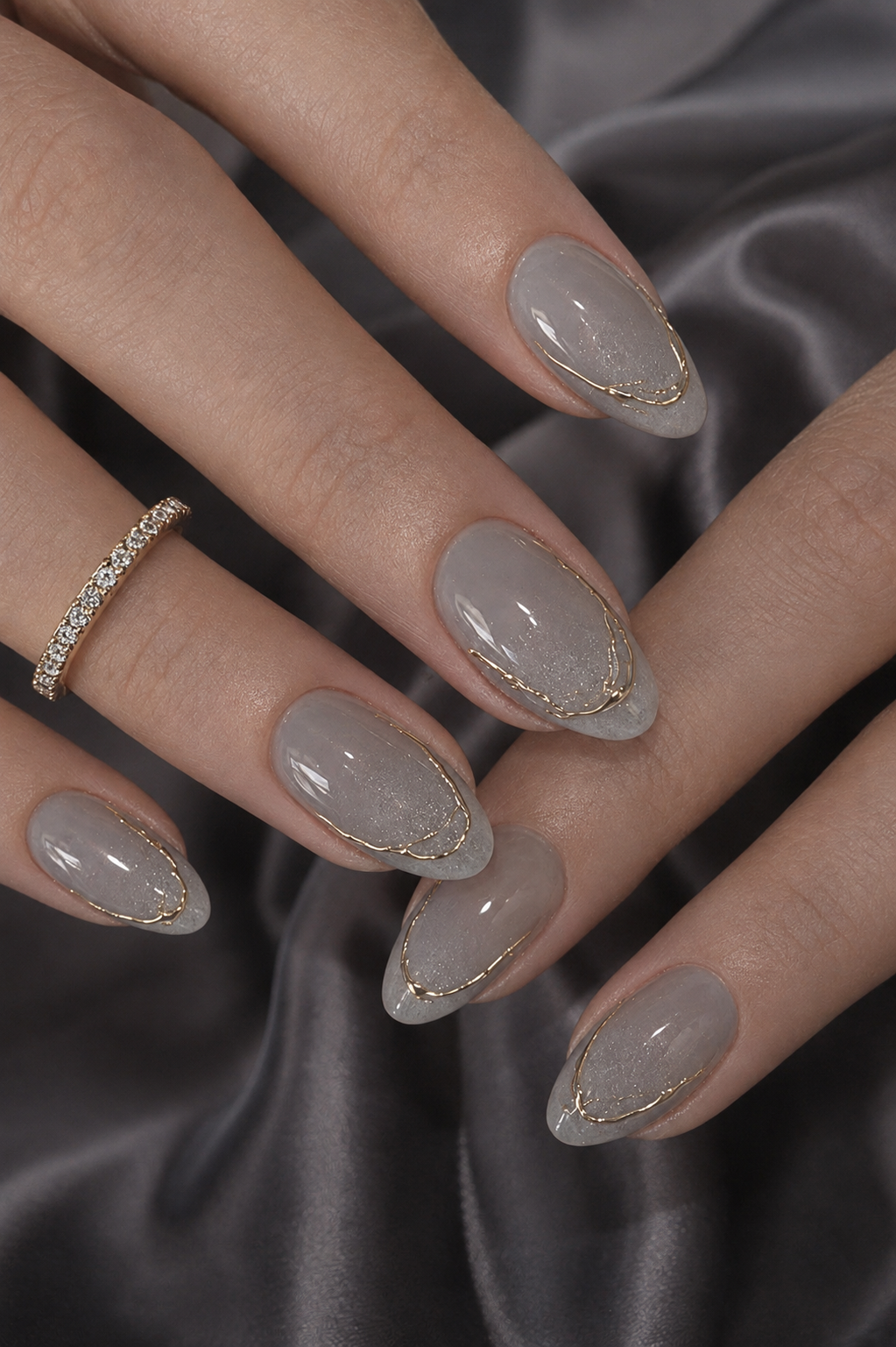 Smokey Grey Cat-Eye & Molten Gold Outline Almond Press-On Nails | Reusable Luxury Velvet Gel Nails | Fluture Luxury Collection