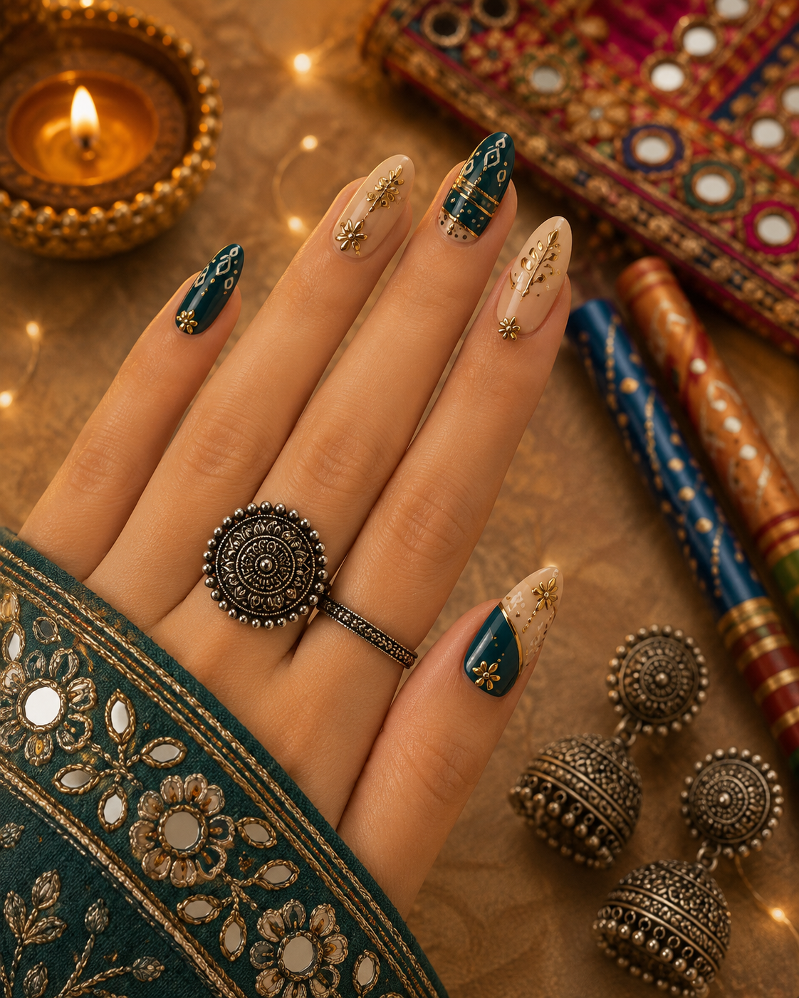 Navratri Peacock Teal & Gilded Zari Mandala Almond Press-On Nails | Reusable Ethnic Dandiya Gel Nails | Fluture Themed Collection