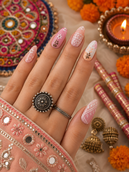 Navratri Garba Bandhani & Floral Gota Patti Almond Press-On Nails | Reusable Festive Ethnic Gel Nails | Fluture Themed Collection
