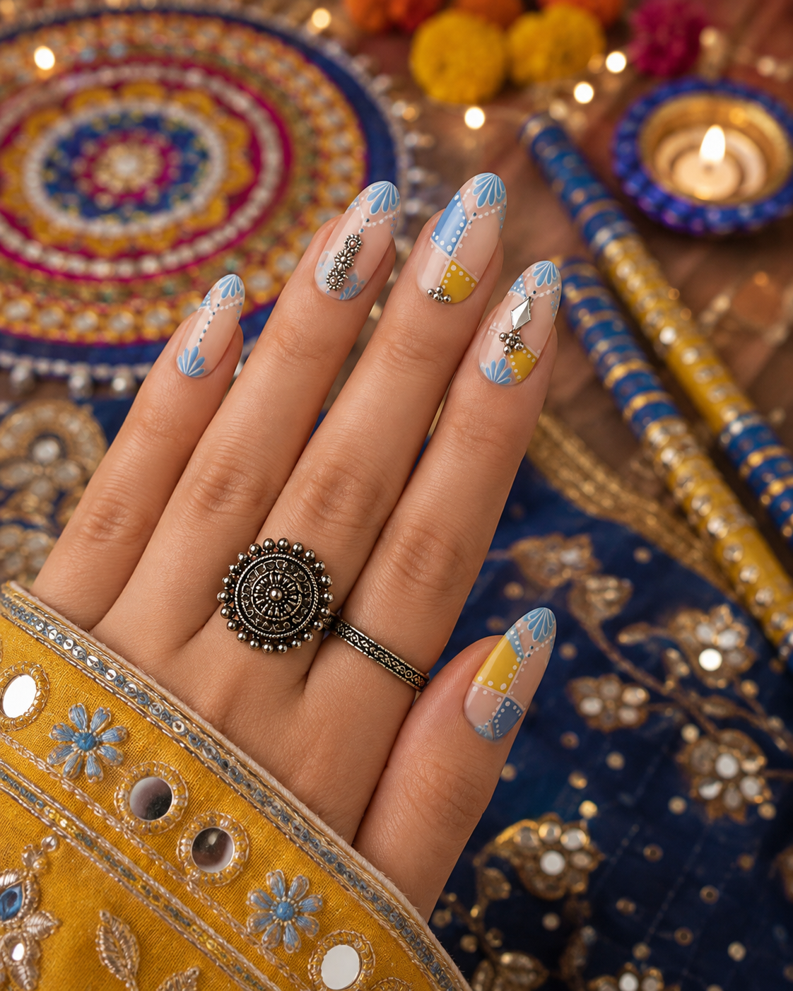 Navratri Garba Gujarati Patchwork & Silver Jhumka Charm Almond Press-On Nails | Reusable Ethnic Dandiya Gel Nails | Fluture Themed Collection
