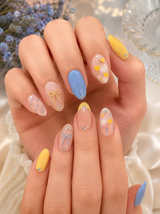 Pastel Buttercup Yellow & Baby Blue Ribbon Bow Heart Almond Press-On Nails | Reusable Cute Coquette Gel Nails | Fluture Luxury Collection