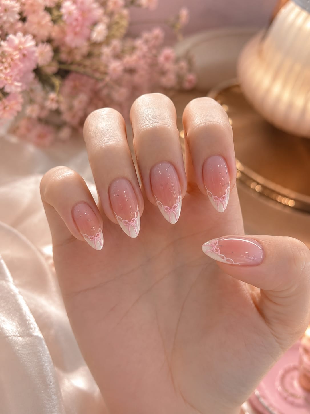 Blush Pink Ombré & Coquette Ribbon Bow Almond Press-On Nails | Reusable Minimalist French Gel Nails | Fluture Luxury Collection