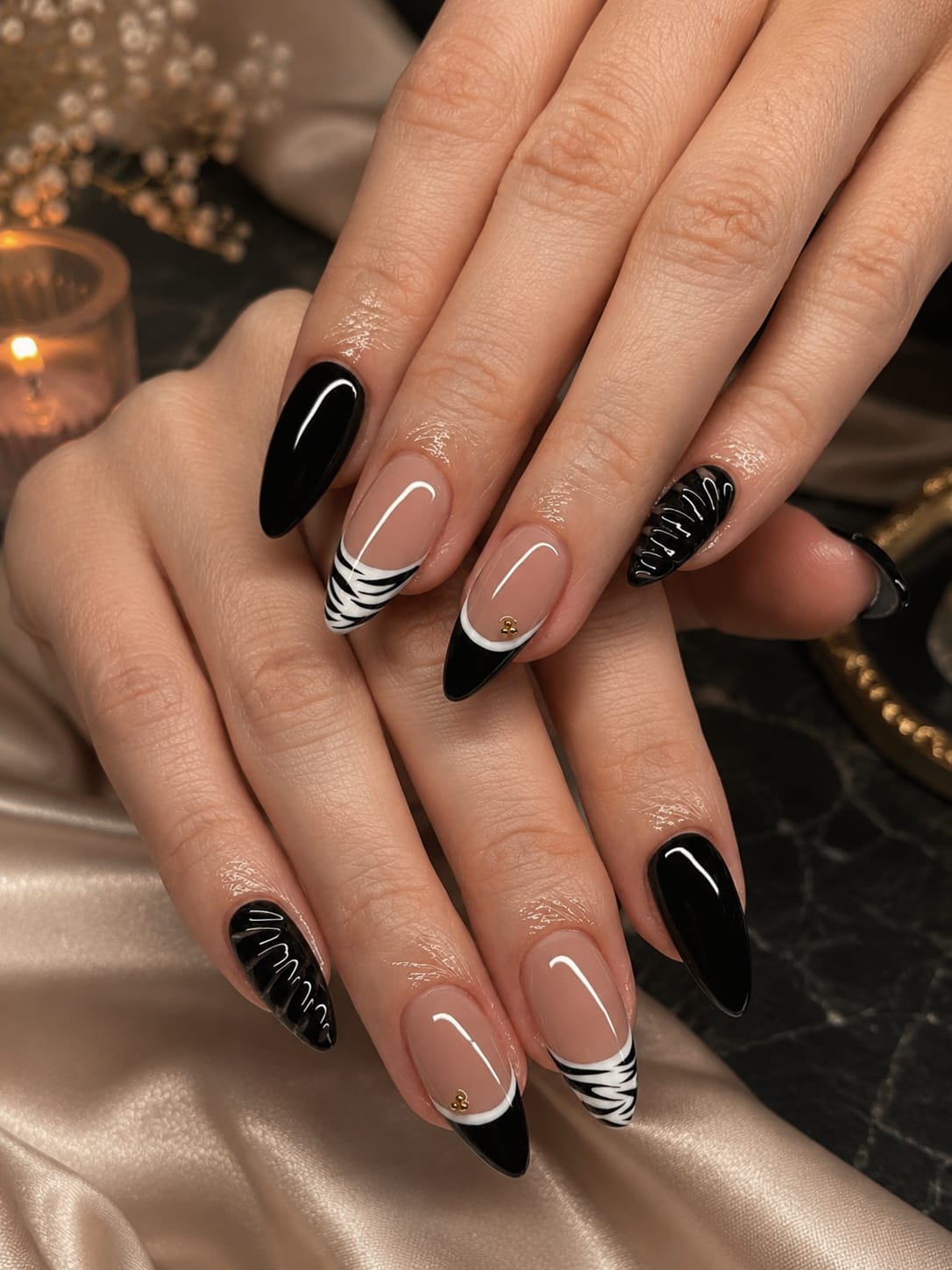 Monochrome Zebra French & 3D Glossy Swirl Almond Press-On Nails | Reusable Modern Noir Gel Nails | Fluture Luxury Collection