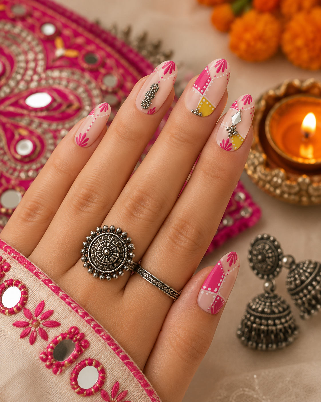 Navratri Rani Pink Patchwork & Oxidized Silver Charm Almond Press-On Nails | Reusable Ethnic Garba Gel Nails | Fluture Themed Collection