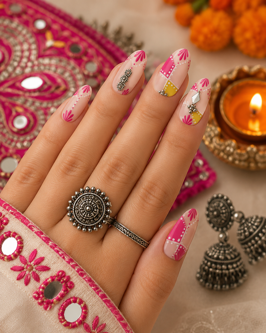 Navratri Rani Pink Patchwork & Oxidized Silver Charm Almond Press-On Nails | Reusable Ethnic Garba Gel Nails | Fluture Themed Collection