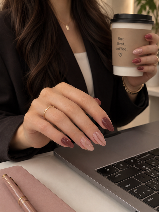 Muted Mauve Mocha & Fine Gold Geometric Ribbon Almond Press-On Nails | Reusable Corporate Chic Neutral Gel Nails | Fluture Luxury Collection