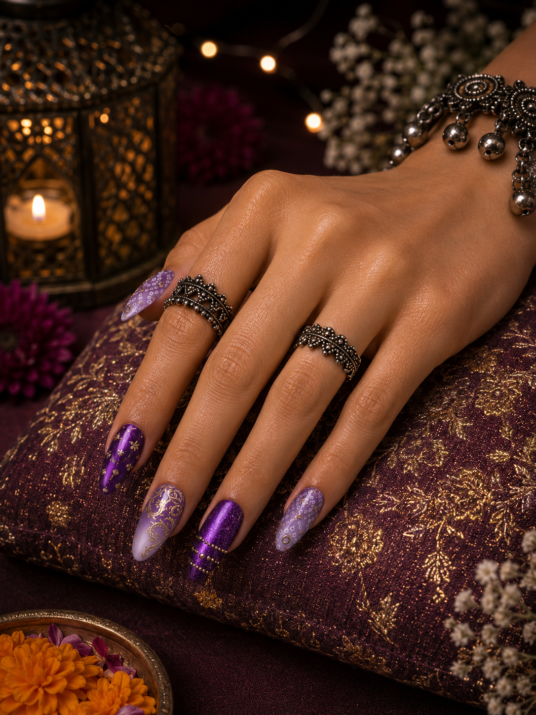 Royal Violet & Lavender Gold Bandhani Filigree Almond Press-On Nails | Navratri Special | Fluture